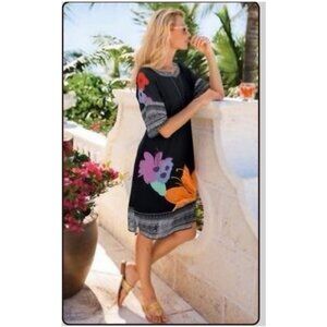 Soft Surroundings Floral Hibiscus Black Shift Dress & Slip‎ Size Medium